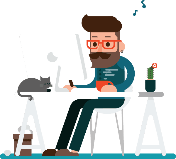 cartoon picture of web designer sitting at desk with his cat whistling
